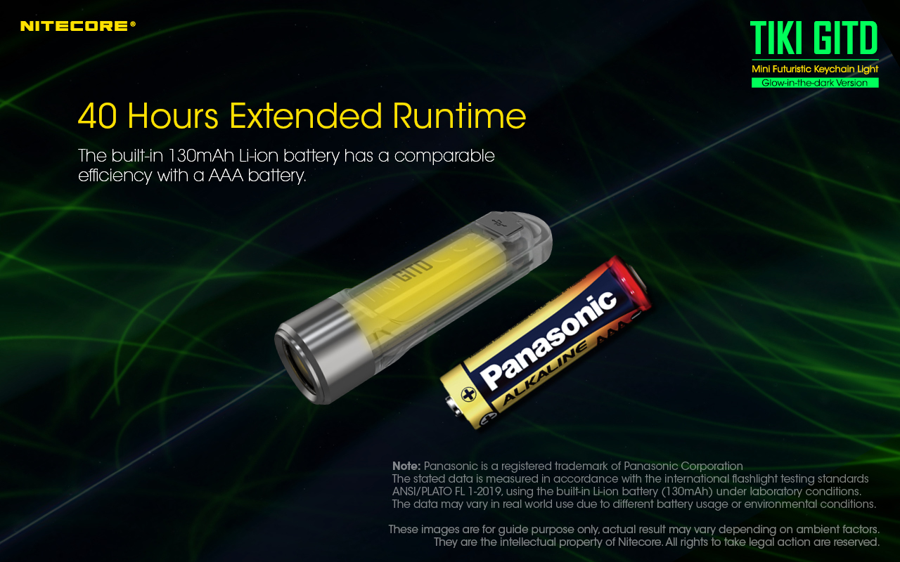 Vstavaný akumulátor 130 mAh v NITECORE TIKI GITD s účinnosťou podobnou batérii AAA – až 40 h na ULTRALOW