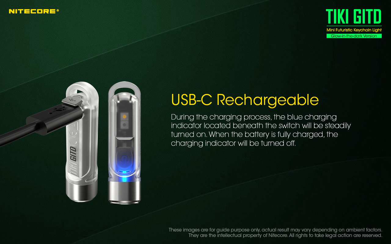 Nabíjanie NITECORE TIKI GITD cez USB-C – modrý indikátor pod tlačidlom svieti počas nabíjania a po nabití zhasne