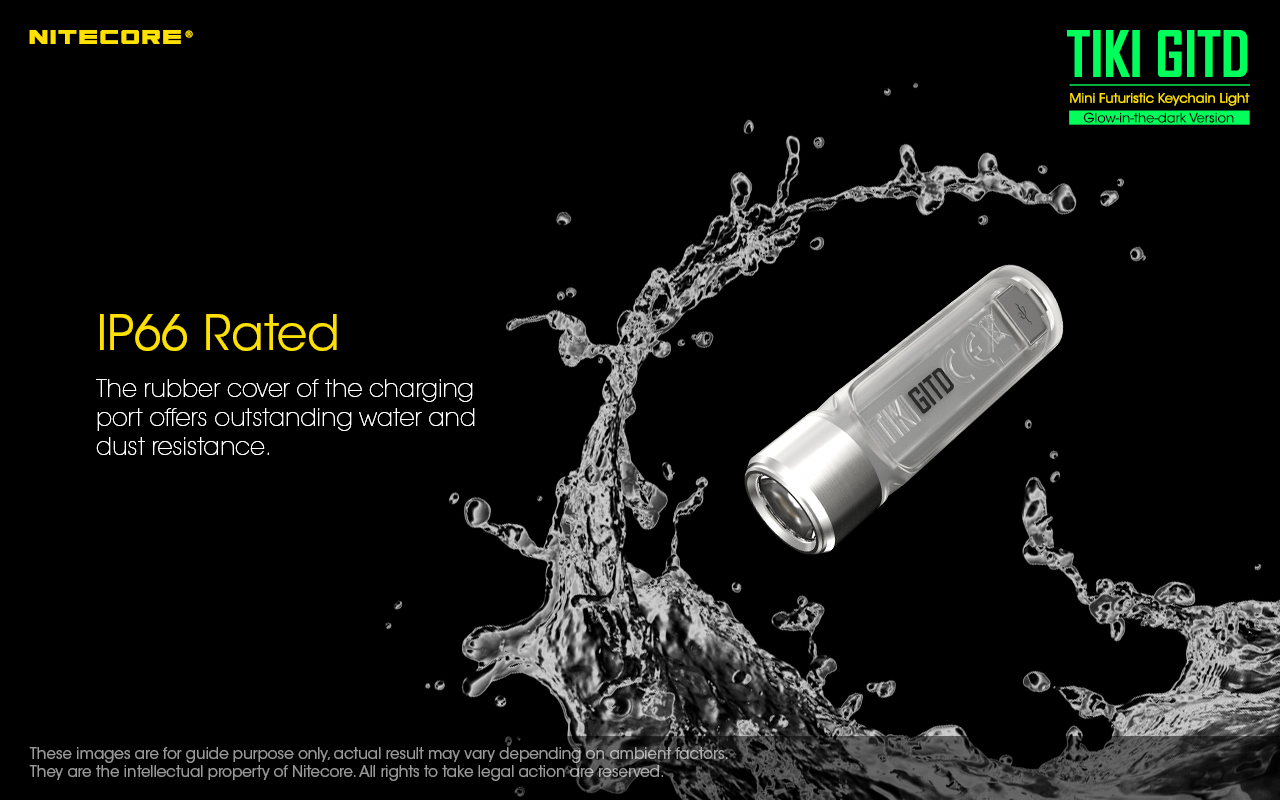 NITECORE TIKI GITD v špliechajúcej vode – krytie IP66 a gumová krytka nabíjacieho portu USB-C