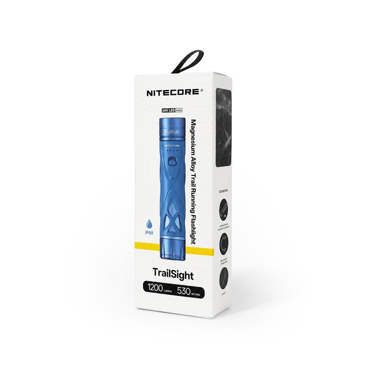 Krabica NITECORE TrailSight s baterkou vo farbe modrá, údajmi 1 200 lm a 530 m a ikonou krytia IP68