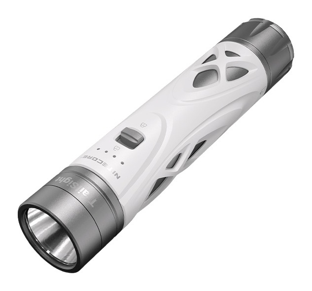 NITECORE TrailSight biela – horčíková baterka na trailový beh s bielym telom, sivou hlavou a výrezmi v plášti