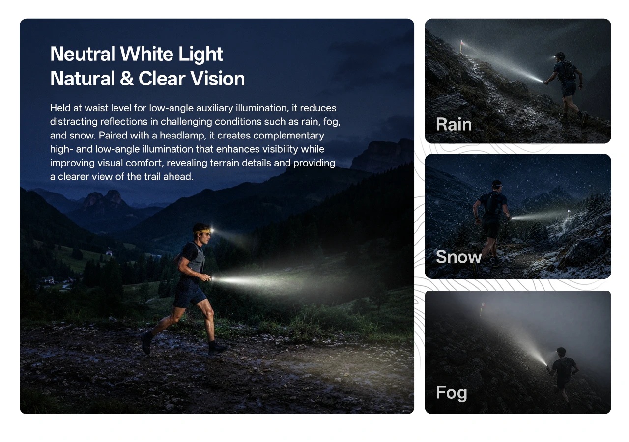 NITECORE TrailSight neutrálne biele svetlo od pása v daždi, snehu a hmle – menej rušivých odrazov ako pri čelovke