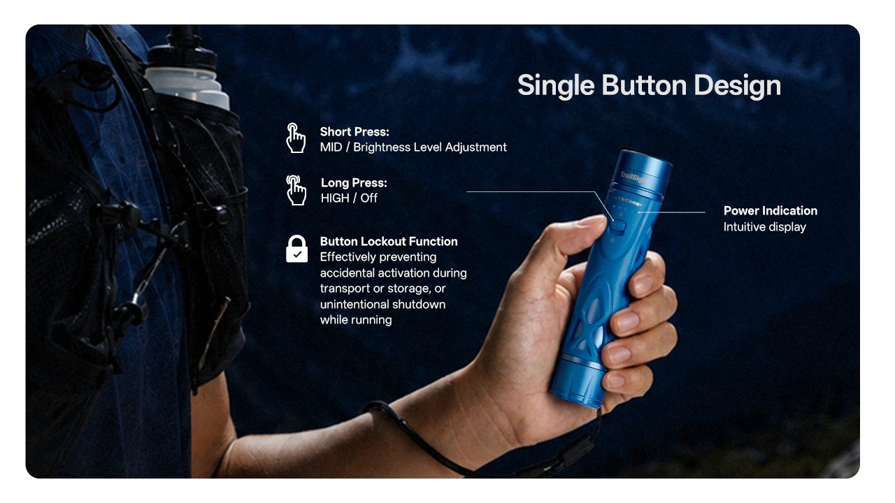 NITECORE TrailSight ovládanie jedným tlačidlom – MID a HIGH, zámok tlačidla posunom a štyri indikátory batérie