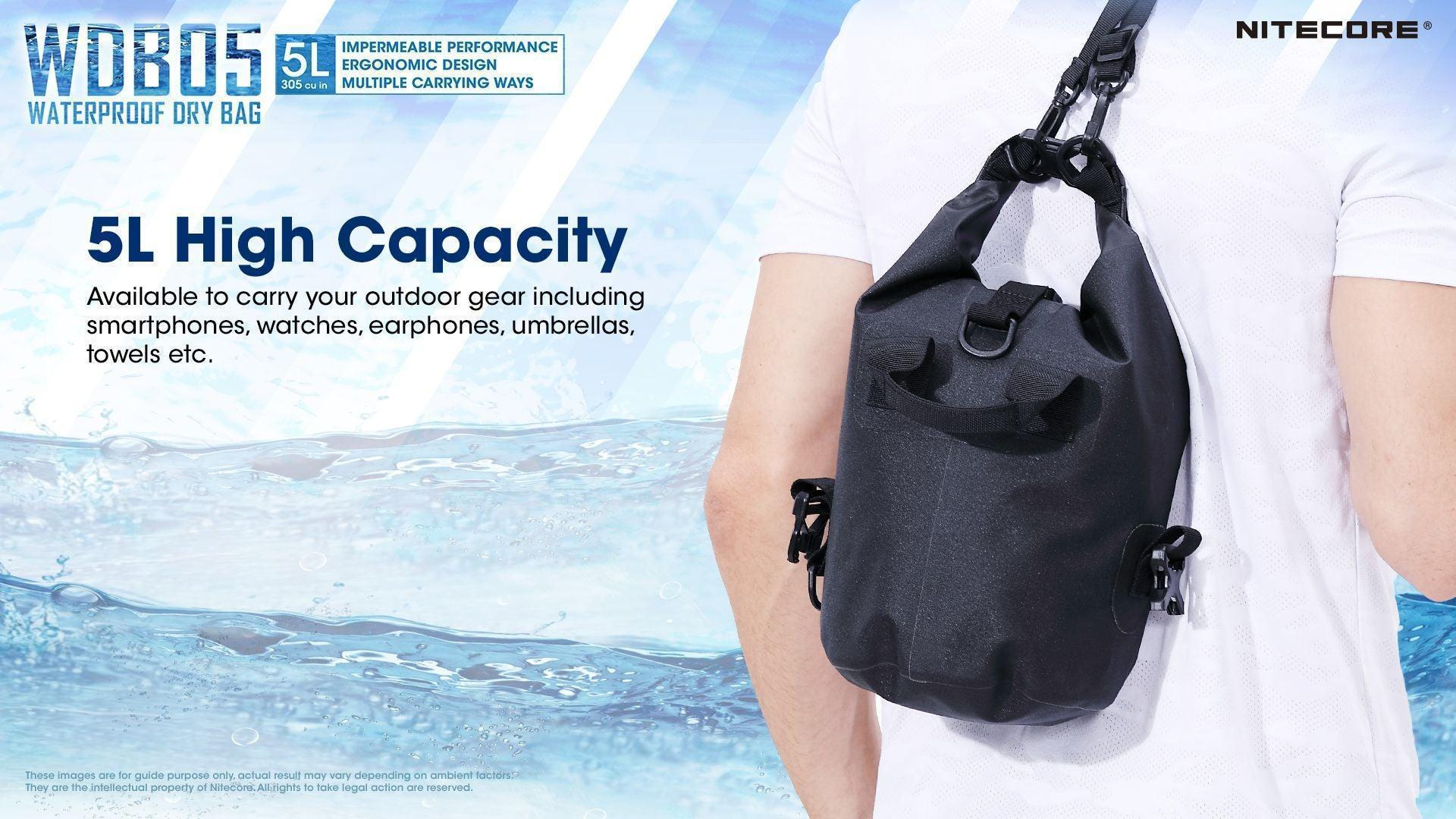 NITECORE WDB05 5 l nosený crossbody cez rameno — oficiálna grafika výrobcu 5L High Capacity