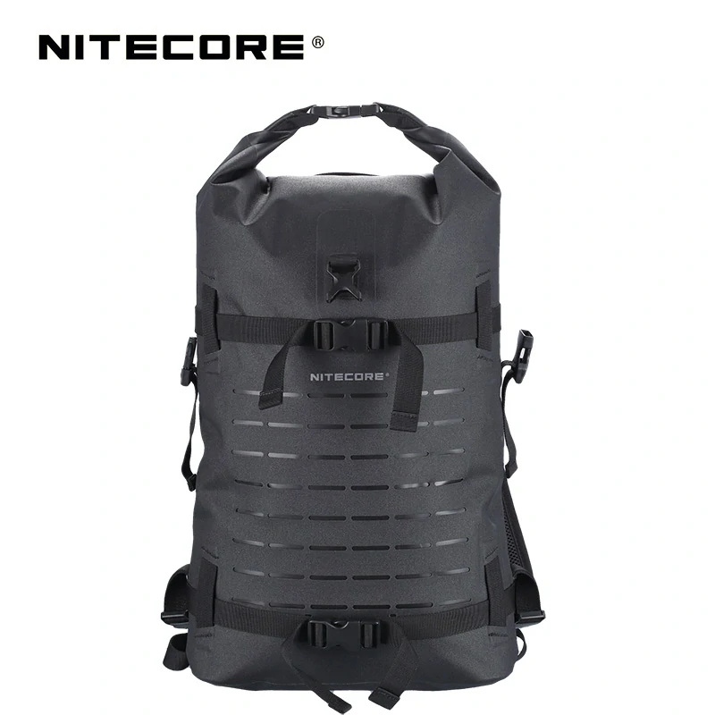 NITECORE WDB20 vodotesný batoh 20 l — čierny roll-top dry bag s laserom rezaným MOLLE panelom a kompresnými popruhmi