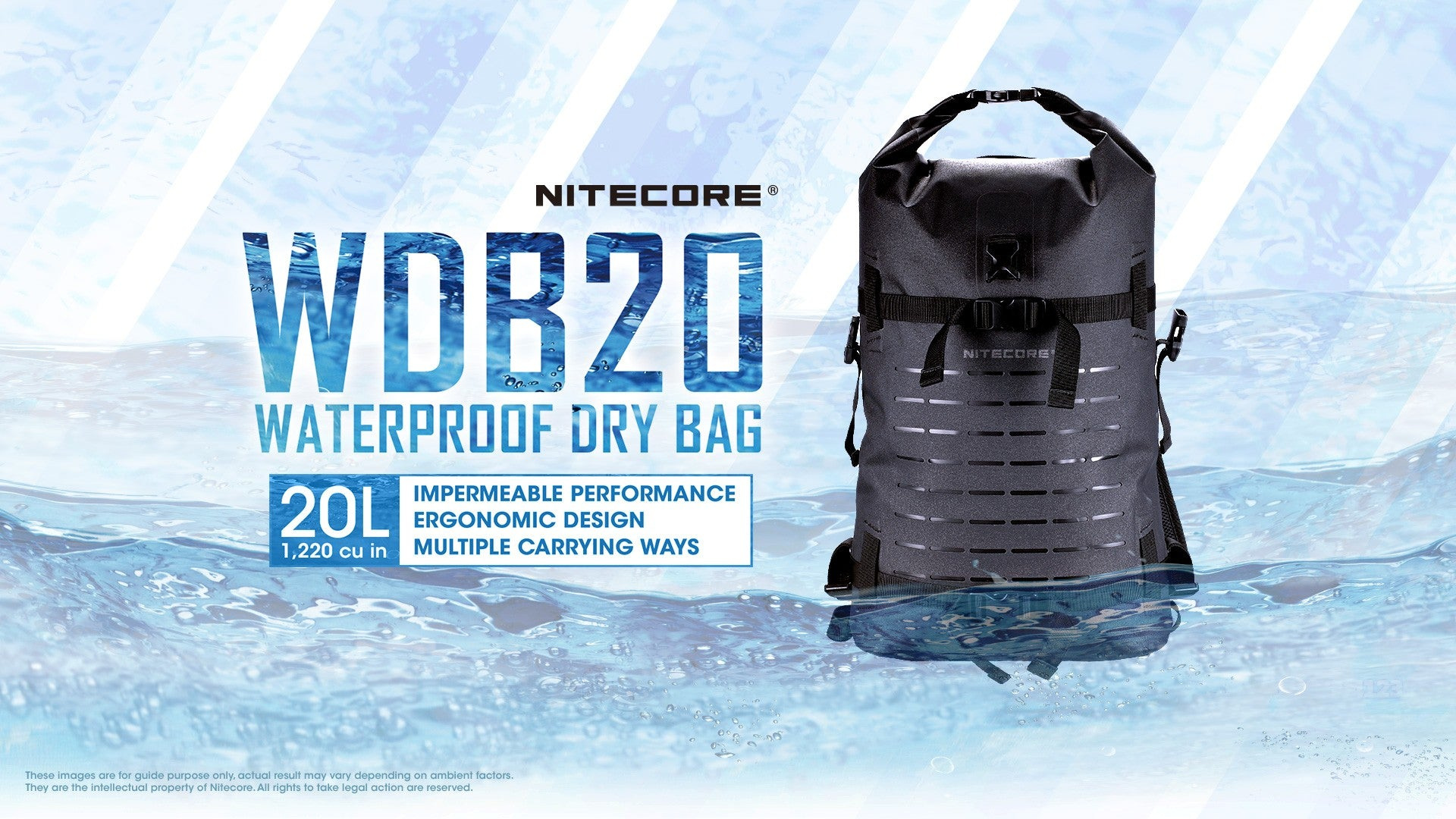 NITECORE WDB20 vodotesný batoh 20 l plávajúci na hladine — oficiálna grafika výrobcu s objemom 20 l a 1 220 cu in