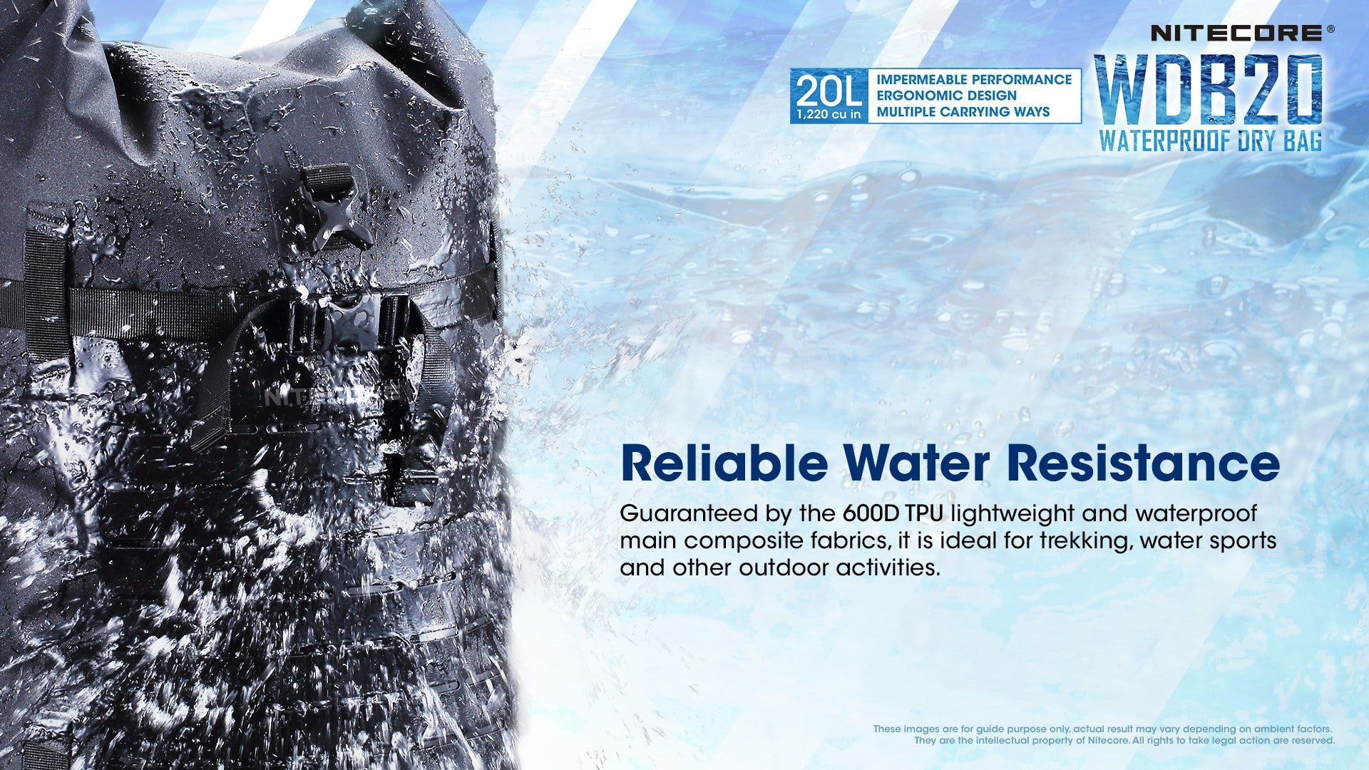 NITECORE WDB20 v prívale vody — 600D TPU kompozitná látka, oficiálna grafika výrobcu Reliable Water Resistance