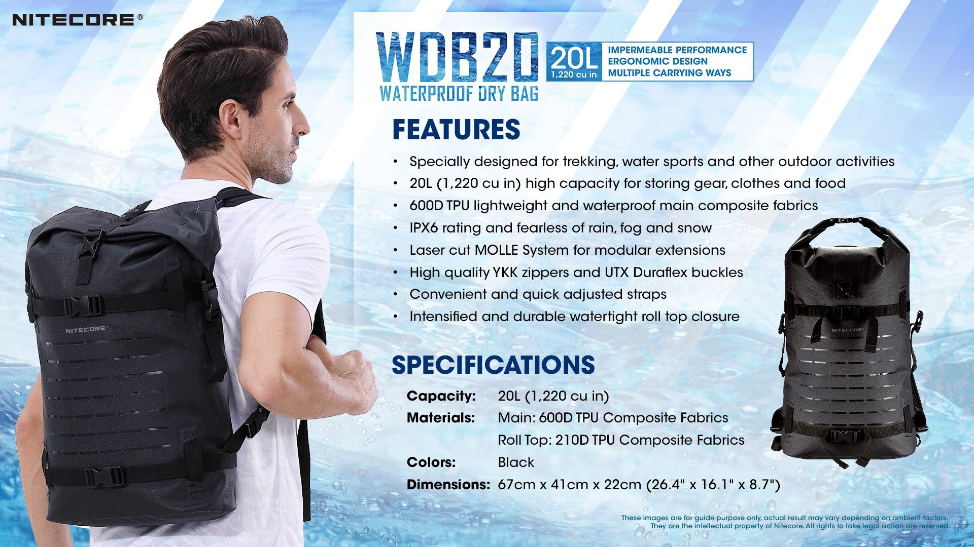 NITECORE WDB20 oficiálny prehľad výrobcu — FEATURES a SPECIFICATIONS: 20 l, 600D TPU, IPX6, YKK, UTX Duraflex, 67 × 41 × 22 cm