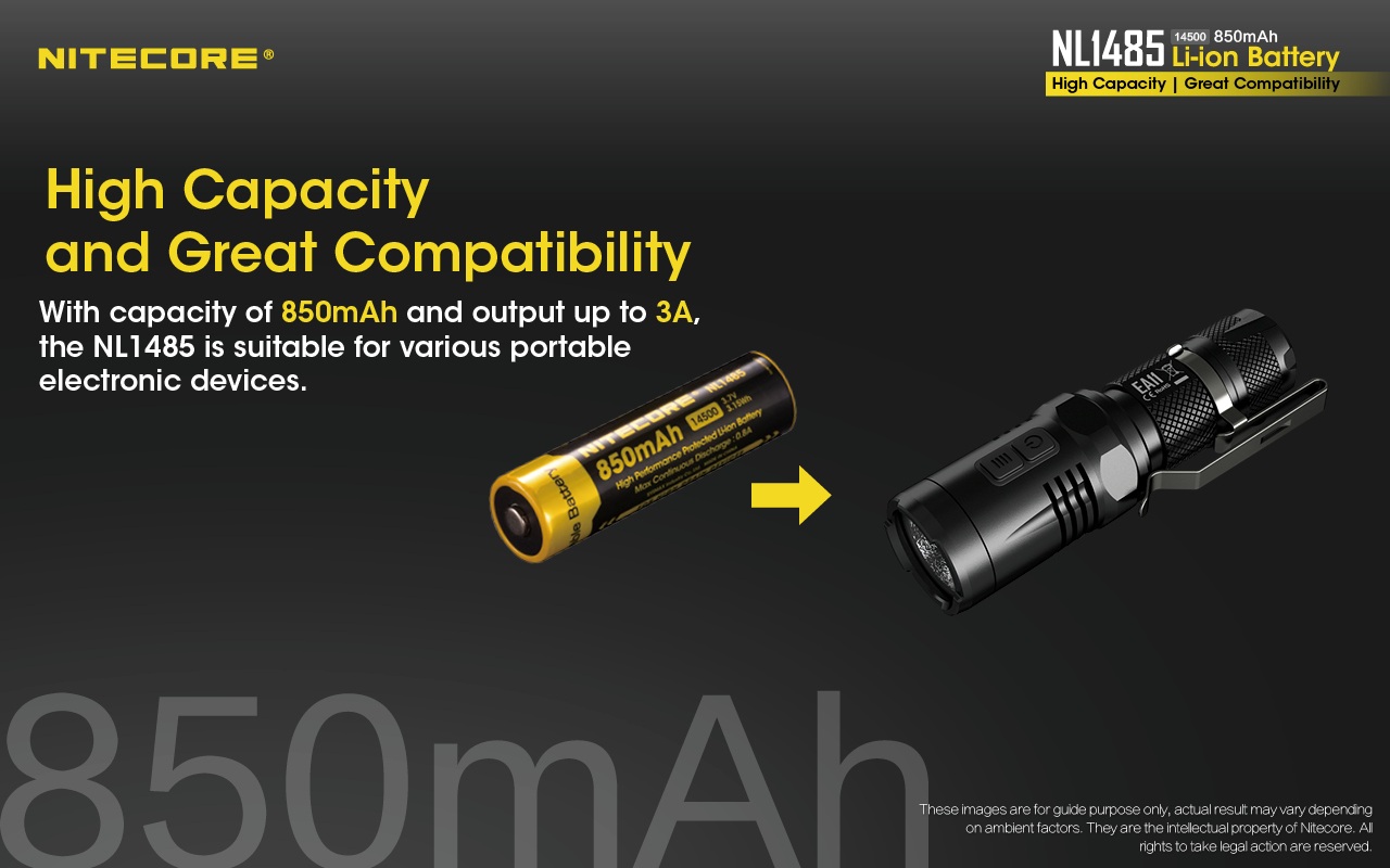 Nitecore NL1485 kapacita 850 mAh a výstupný prúd až 3 A — akumulátor 14500 vedľa malej LED baterky