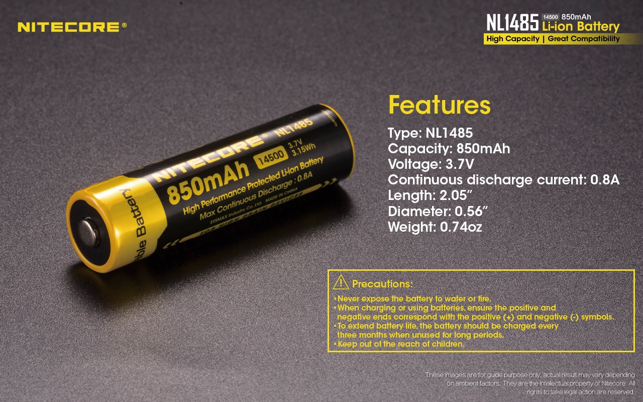 Nitecore NL1485 tabuľka parametrov výrobcu — kapacita, napätie, trvalý vybíjací prúd, dĺžka, priemer, hmotnosť a bezpečnostné pokyny