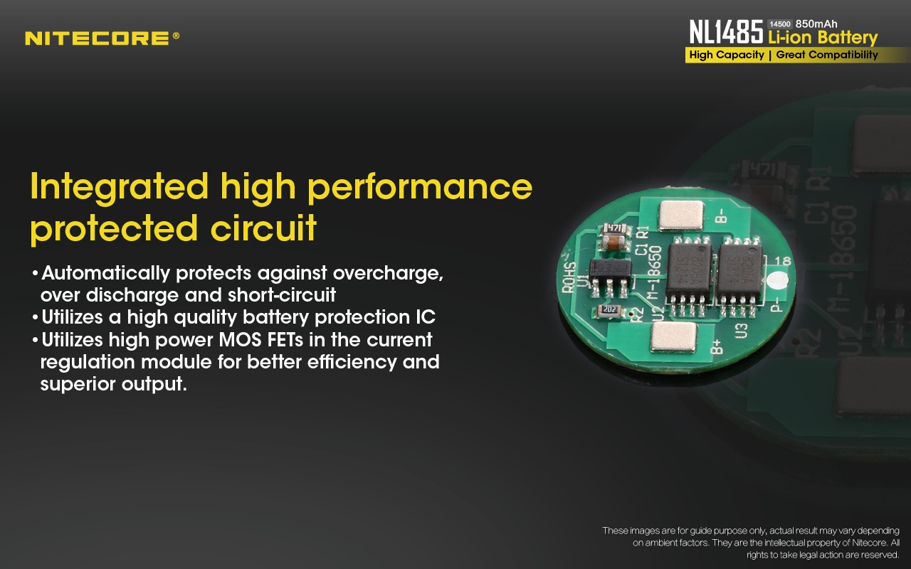 Nitecore NL1485 integrovaný ochranný obvod proti prebitiu, hlbokému vybitiu a skratu s výkonným MOSFET v module regulácie prúdu
