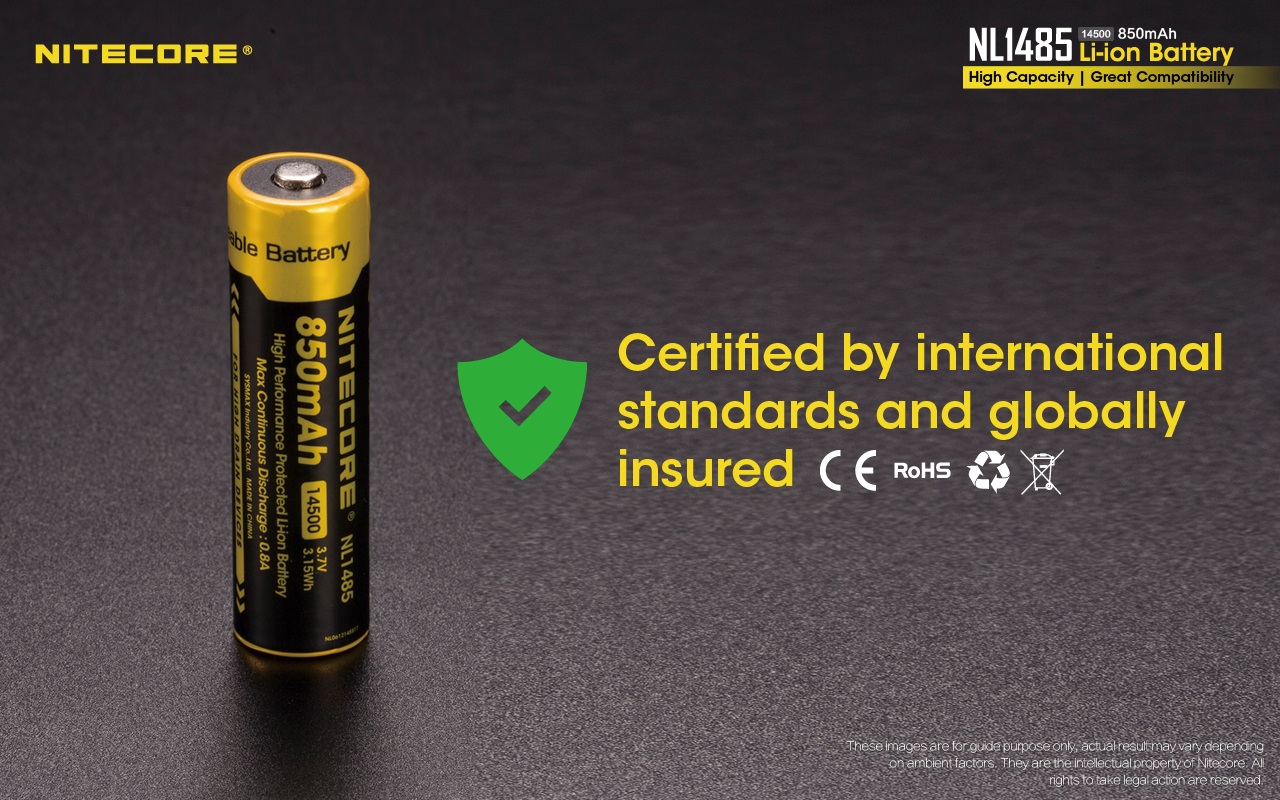Nitecore NL1485 certifikácie CE a RoHS so symbolmi recyklácie — akumulátor 14500 certifikovaný podľa medzinárodných noriem