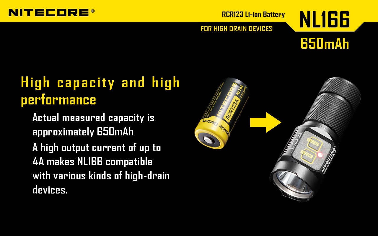 Nitecore NL166 kapacita 650 mAh a výstupný prúd až 4 A pre baterky s vysokým odberom, článok RCR123A vedľa baterky