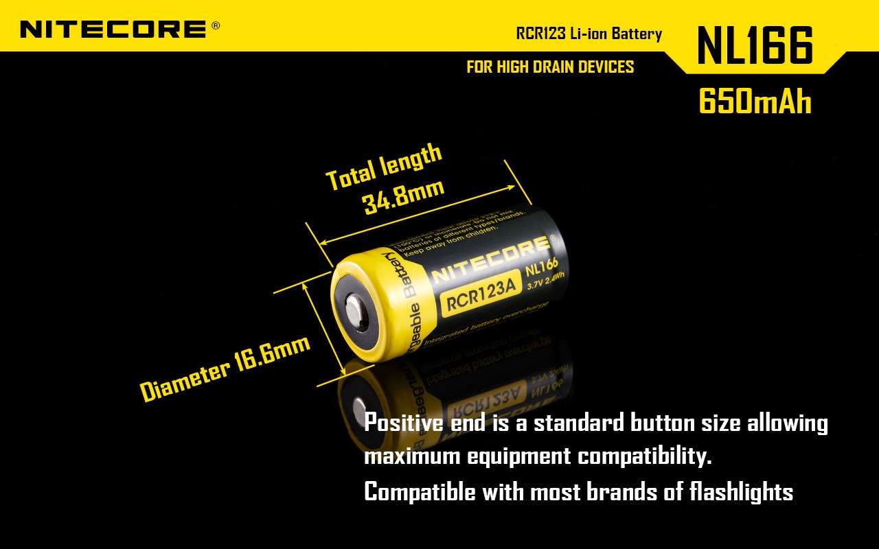 Nitecore NL166 rozmery — dĺžka 34,8 mm a priemer 16,6 mm, kladný pól v štandardnej veľkosti button top