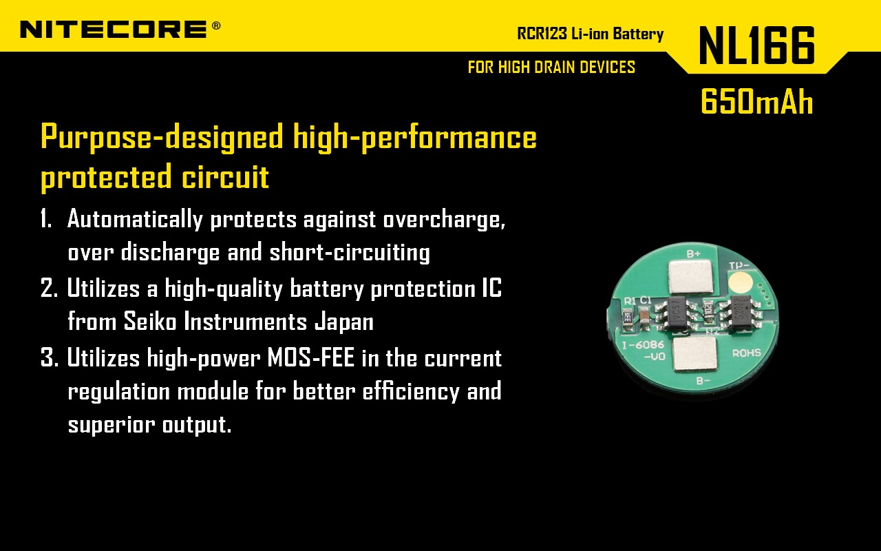 Nitecore NL166 ochranný obvod s ochranným IC od Seiko Instruments Japan a výkonným MOSFET v module regulácie prúdu