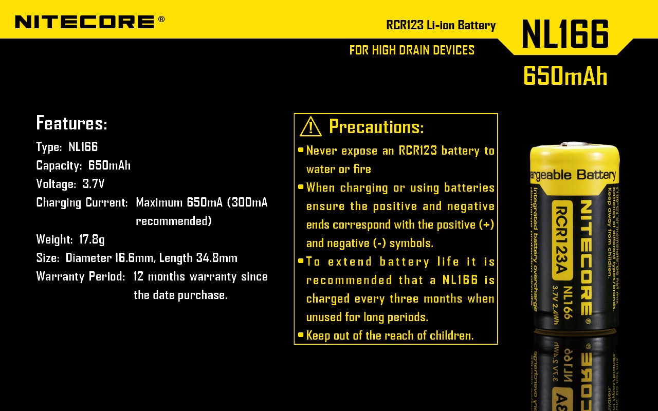 Nitecore NL166 parametre a pokyny výrobcu — nabíjací prúd, hmotnosť 17,8 g, rozmery a bezpečnostné upozornenia