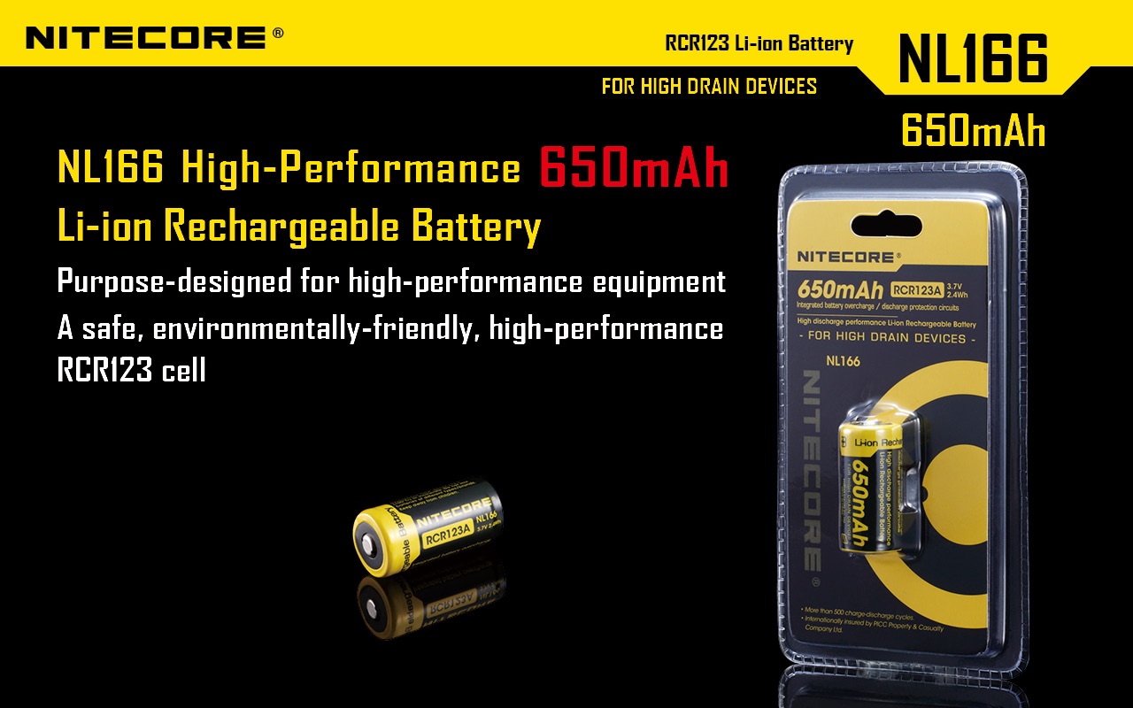 Nitecore NL166 v originálnom blistri — 650 mAh RCR123A 3,7 V 2,4 Wh, článok pre zariadenia s vysokým odberom