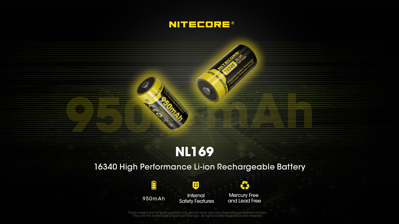 Nitecore NL169 16340 akumulátor 950 mAh s vnútornými ochranami, bez ortuti a olova — dvojica článkov v žltočiernom prevedení