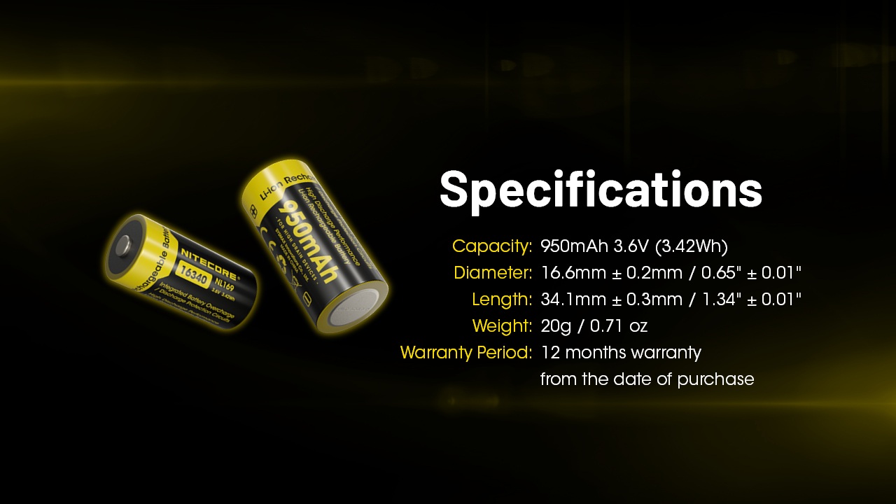 Nitecore NL169 parametre výrobcu — kapacita 950 mAh pri 3,6 V, priemer 16,6 mm, dĺžka 34,1 mm a hmotnosť 20 g