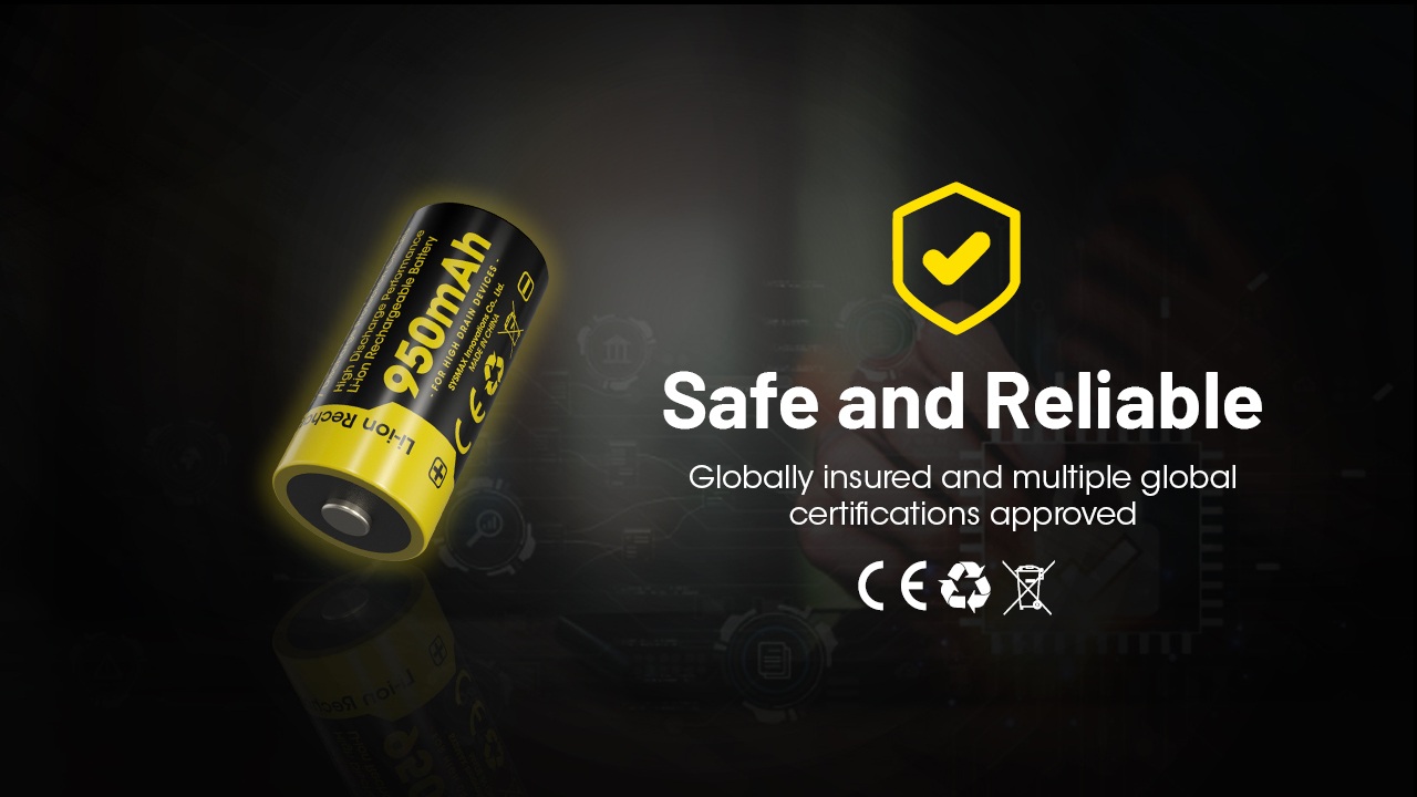 Nitecore NL169 s označením CE, recyklačným symbolom a symbolom WEEE — globálne poistený článok 950 mAh
