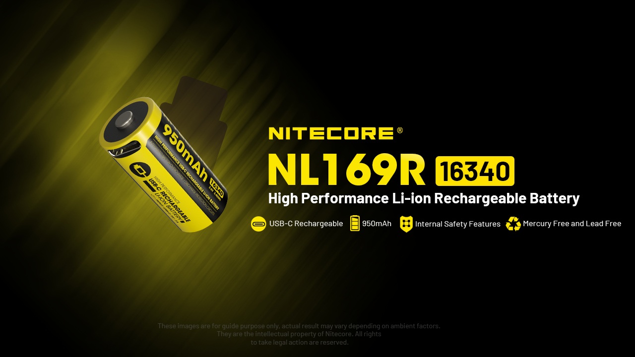 Nitecore NL169R 16340 akumulátor 950 mAh s portom USB-C v boku článku a vnútornými ochrannými prvkami