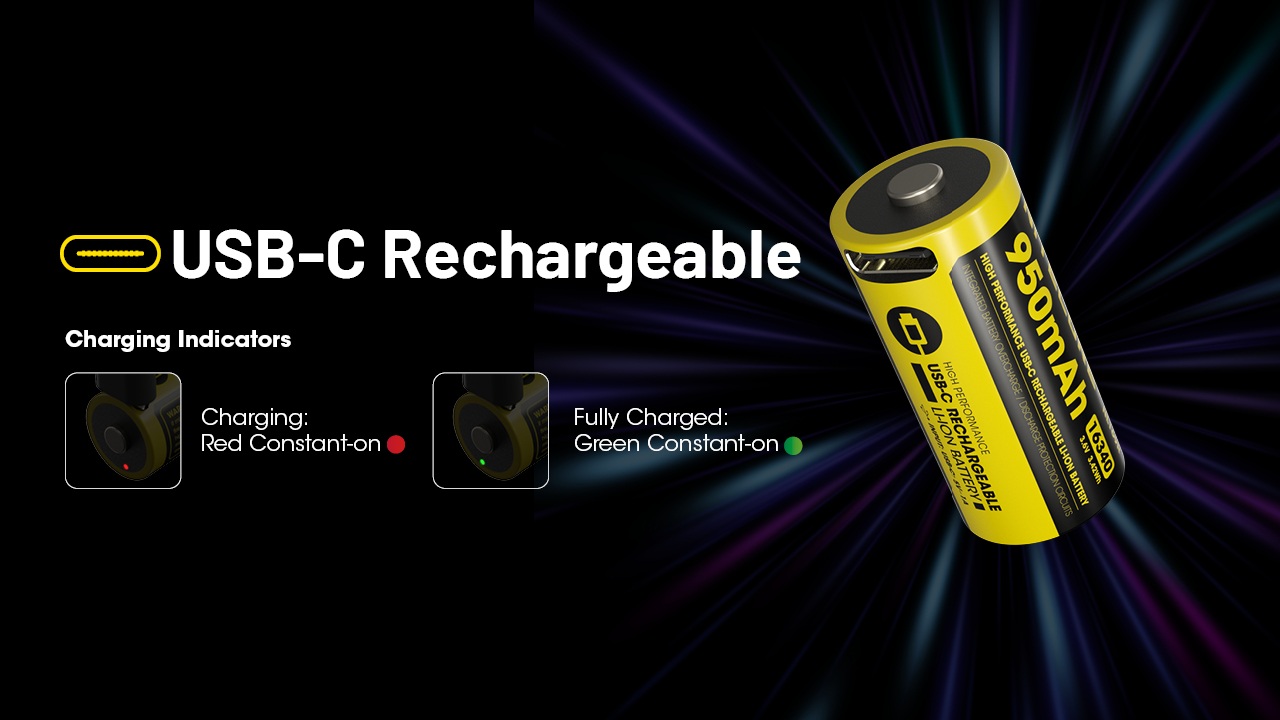 Nitecore NL169R nabíjanie cez USB-C — kontrolka svieti červeno počas nabíjania a zeleno pri plnom nabití