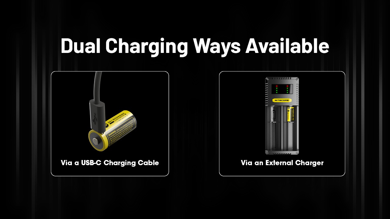 Nitecore NL169R dva spôsoby nabíjania — káblom USB-C priamo do článku alebo v externej nabíjačke na Li-ion články