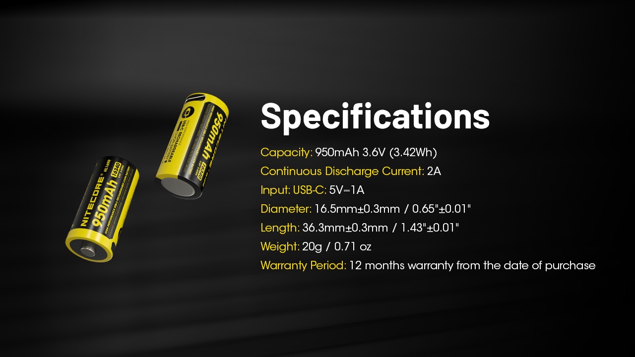 Nitecore NL169R parametre výrobcu — 950 mAh pri 3,6 V, vybíjací prúd 2 A, vstup USB-C 5 V 1 A, dĺžka 36,3 mm