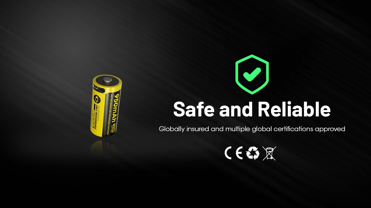 Nitecore NL169R s označením CE, recyklačným symbolom a symbolom WEEE — globálne poistený článok 950 mAh