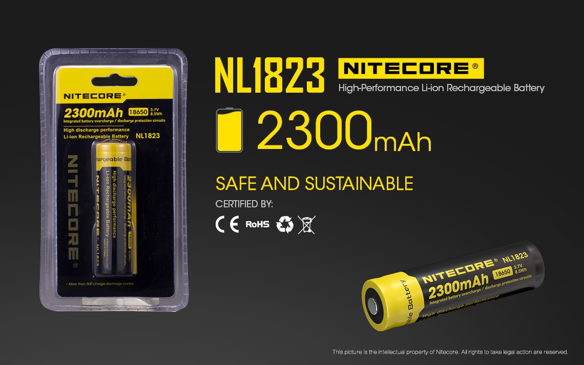 Nitecore NL1823 18650 akumulátor 2300 mAh v originálnom blistri — 3,7 V, 8,5 Wh, s integrovaným ochranným obvodom proti prebitiu a hlbokému vybitiu