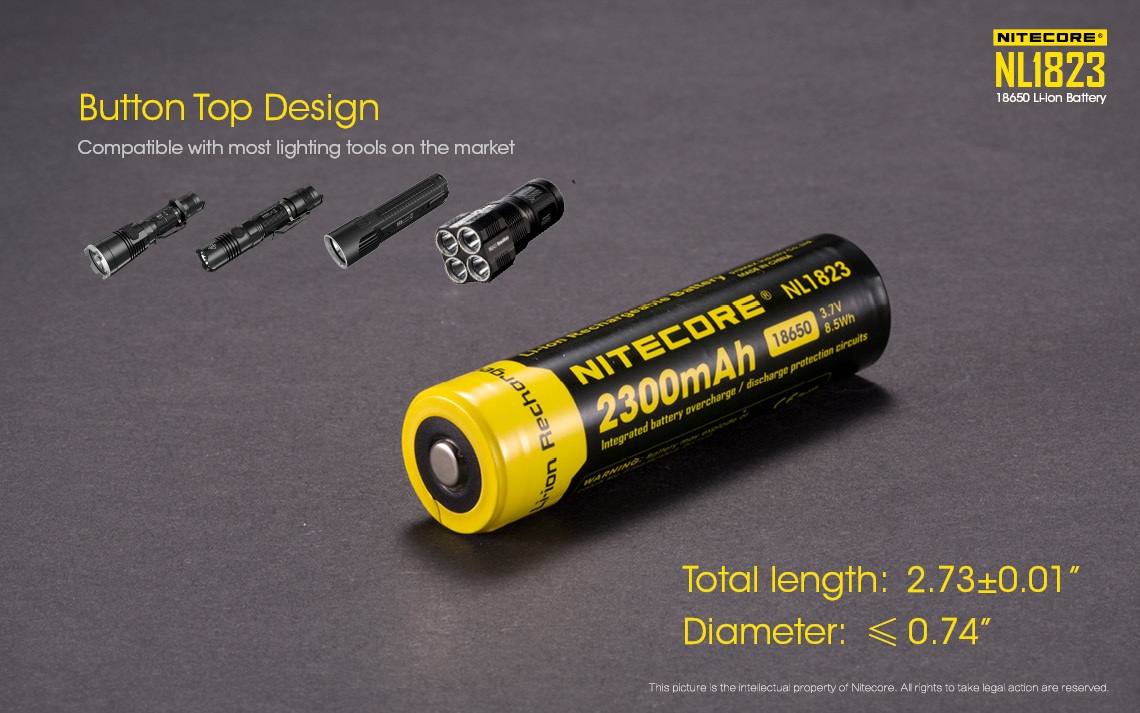 Nitecore NL1823 button top design — vystúpený kladný pól 18650 článku kompatibilný s väčšinou LED bateriek, dĺžka 69,3 mm a priemer do 18,7 mm