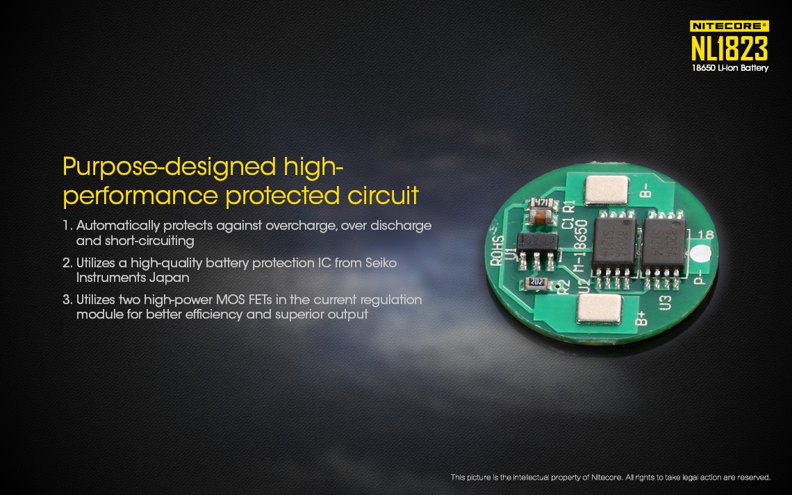 Nitecore NL1823 ochranný obvod chráneného 18650 článku — ochranné IC Seiko Instruments Japan a dva výkonné MOS FET v module regulácie prúdu
