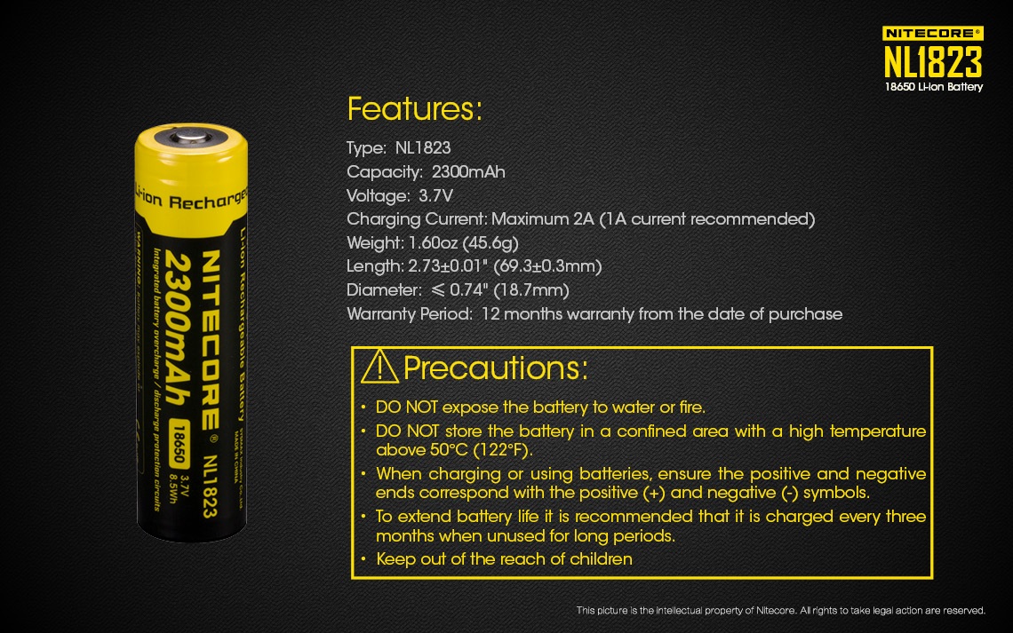 Nitecore NL1823 tabuľka parametrov výrobcu — kapacita 2300 mAh, 3,7 V, nabíjací prúd maximálne 2 A s odporúčaním 1 A, hmotnosť 45,6 g