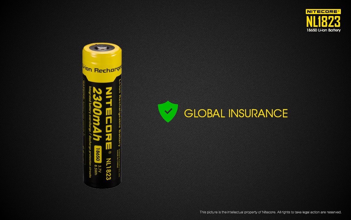 Nitecore NL1823 18650 akumulátor s globálnym poistením výrobcu — zelený štít Global Insurance