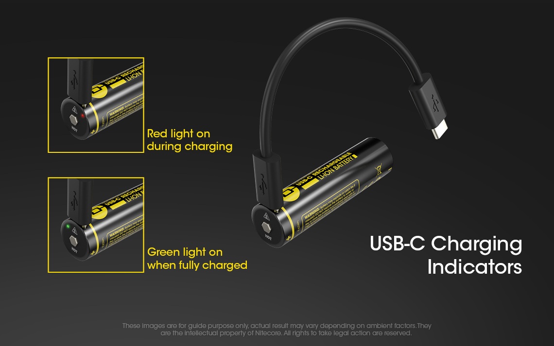 Nitecore NL1826R nabíjanie cez USB-C — červená kontrolka počas nabíjania a zelená po plnom nabití článku