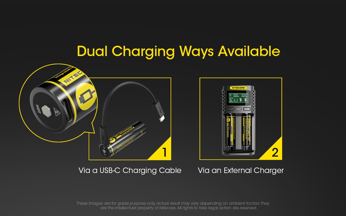 Nitecore NL1826R dve cesty nabíjania — káblom USB-C priamo do článku alebo v externej nabíjačke Nitecore UMS2