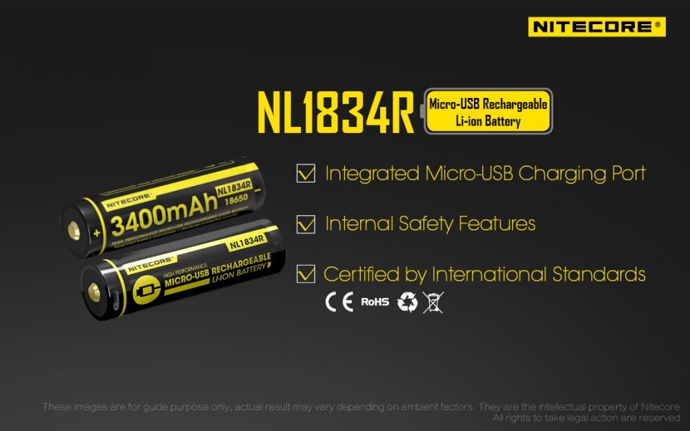 Nitecore NL1834R 18650 akumulátor 3400 mAh s nabíjacím portom USB-C priamo v tele článku a vnútornými ochranami