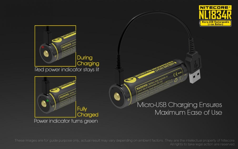 Nitecore NL1834R dva spôsoby nabíjania — káblom USB-C priamo do článku alebo v externej nabíjačke Nitecore UMS2