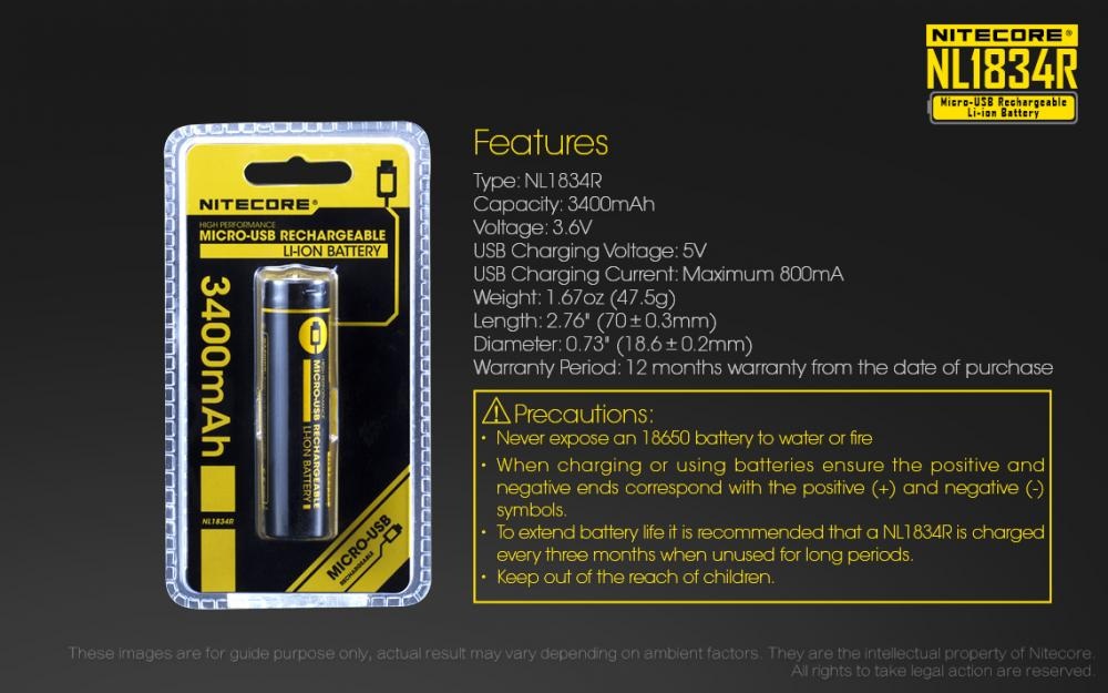 Nitecore NL1834R tabuľka parametrov výrobcu — 3400 mAh, 3,7 V, vstup USB-C 5 V a 1 A, dĺžka 71 mm, hmotnosť 50 g