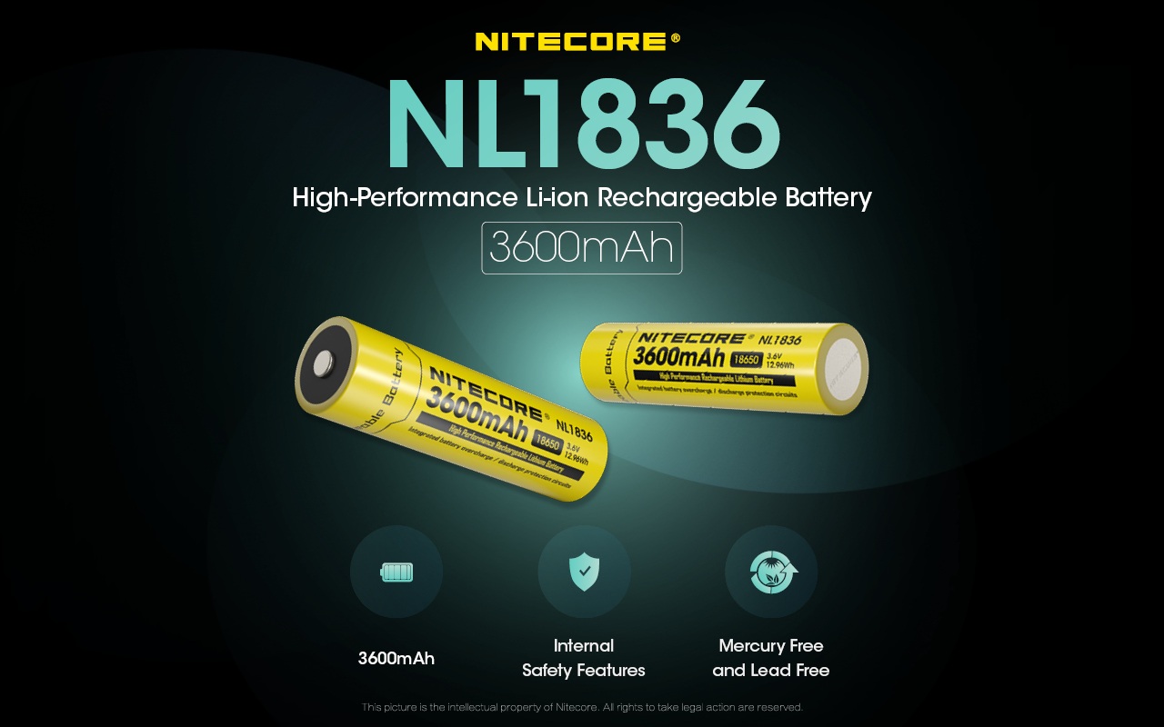 Nitecore NL1836 chránený 18650 akumulátor 3600 mAh z oboch strán — kapacita, vnútorné ochrany, bez ortuti a olova