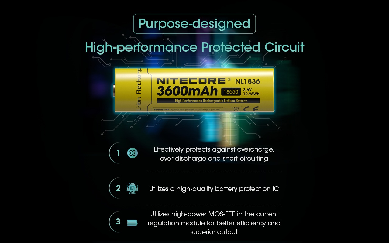 Nitecore NL1836 účelovo navrhnutý ochranný obvod s kvalitným ochranným IC a výkonným MOSFET v module regulácie prúdu