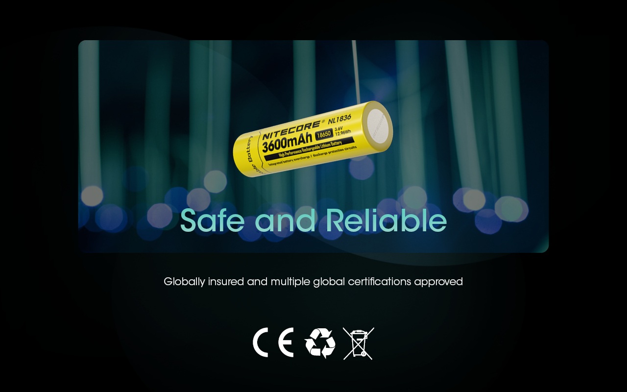 Nitecore NL1836 označenie CE, recyklačný symbol a WEEE preškrtnutý kôš na plášti 18650 článku