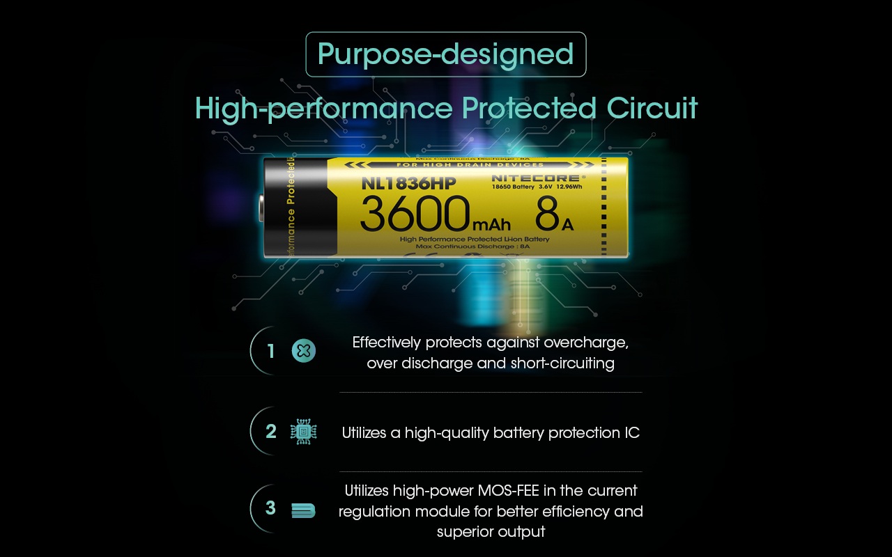 Nitecore NL1836HP účelovo navrhnutý ochranný obvod s kvalitným ochranným IC a výkonným MOSFET v module regulácie prúdu