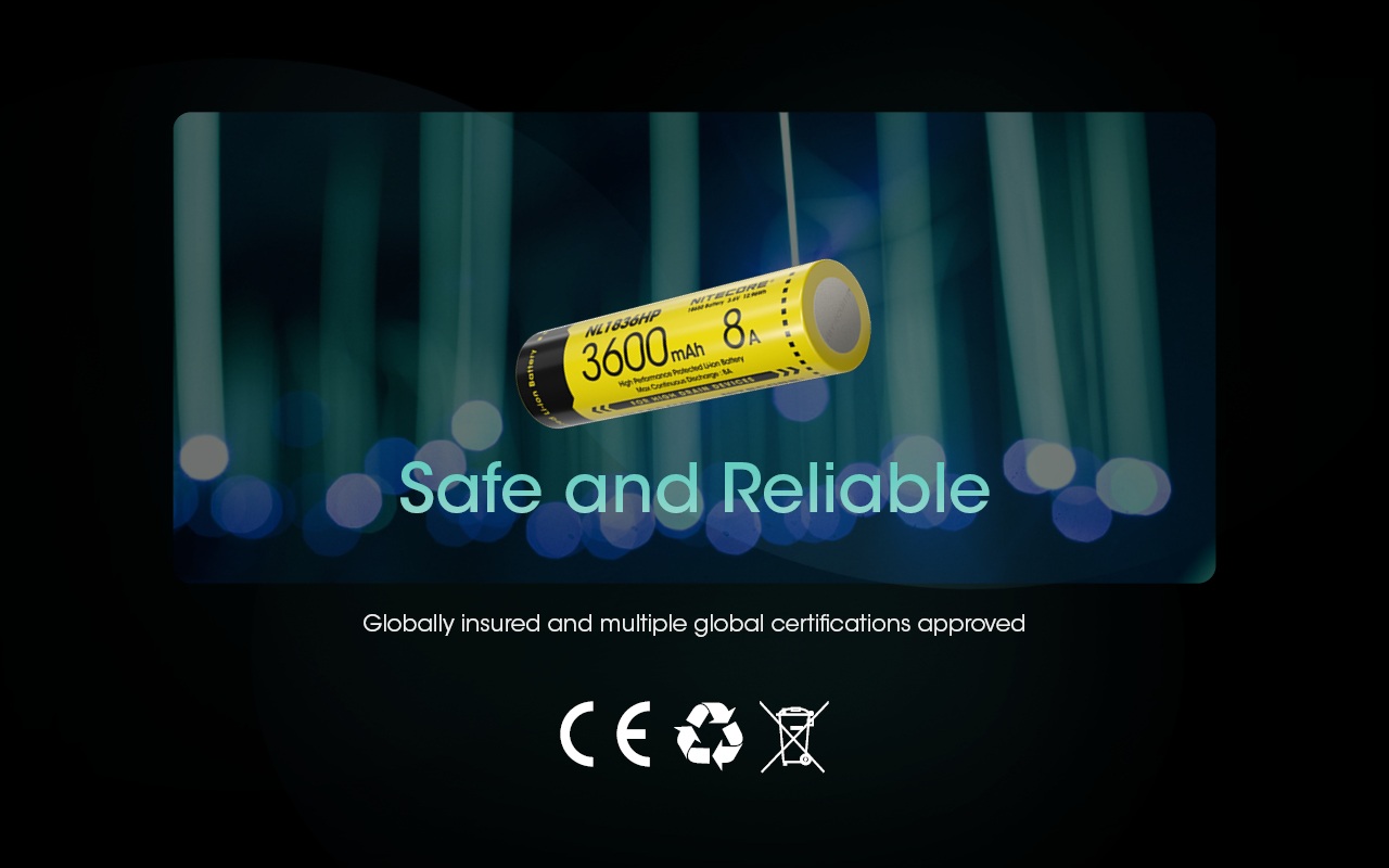 Nitecore NL1836HP označenie CE, recyklačný symbol a WEEE preškrtnutý kôš na plášti 18650 článku