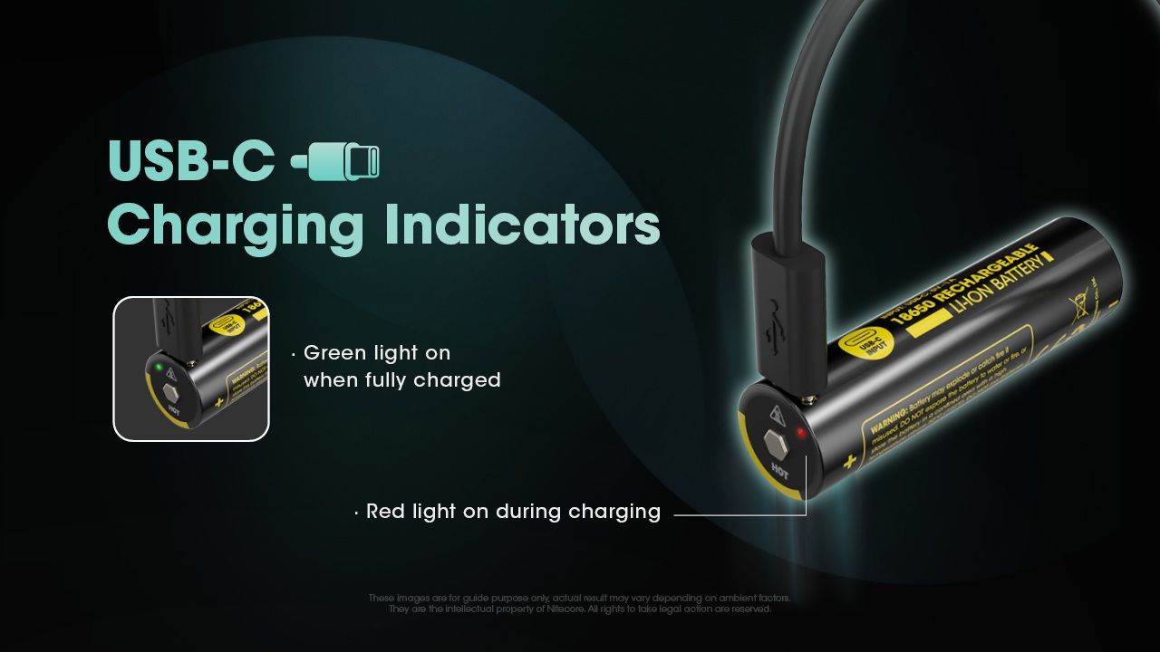 Nitecore NL1836R nabíjanie cez USB-C — červená kontrolka počas nabíjania a zelená po plnom nabití článku