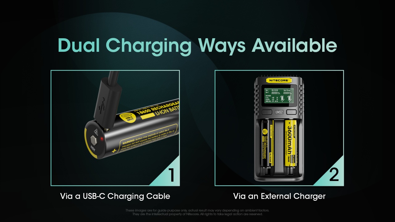 Nitecore NL1836R dve cesty nabíjania — káblom USB-C priamo do článku alebo v externej nabíjačke Nitecore