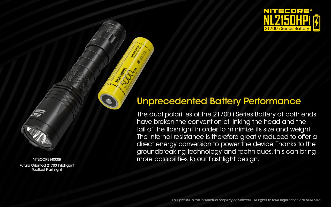 Nitecore NL2150HPi vedľa taktického svietidla i4000R — dvojcestné póly rušia prepojenie hlavy a chvosta
