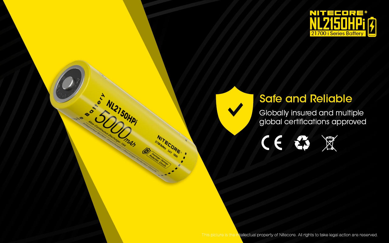 Nitecore NL2150HPi certifikácie na obale — CE, recyklačný symbol a WEEE prečiarknutý kôš