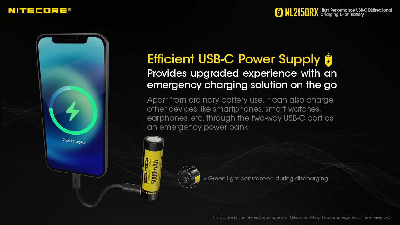 Nitecore NL2150RX obojsmerný USB-C port nabíja smartfón ako núdzová powerbanka, zelená kontrolka pri vybíjaní