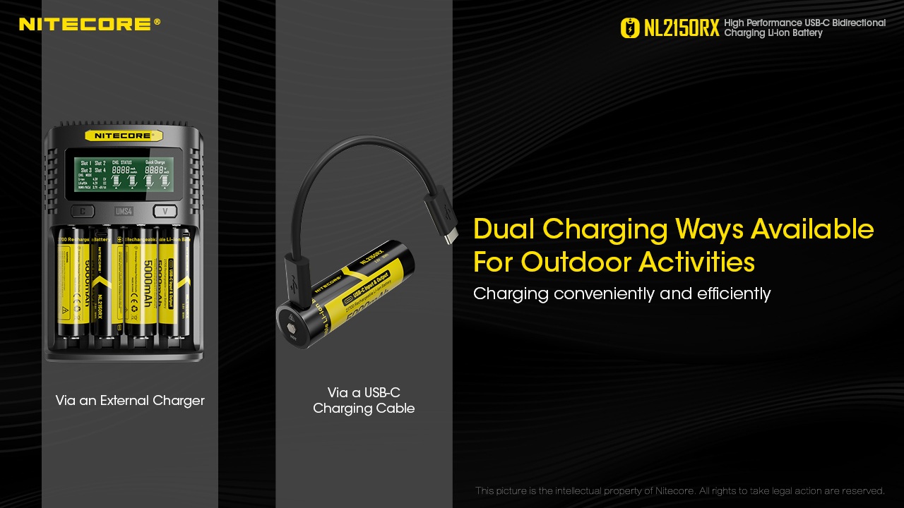 Nitecore NL2150RX dva spôsoby nabíjania — externá nabíjačka na články alebo kábel USB-C priamo do článku